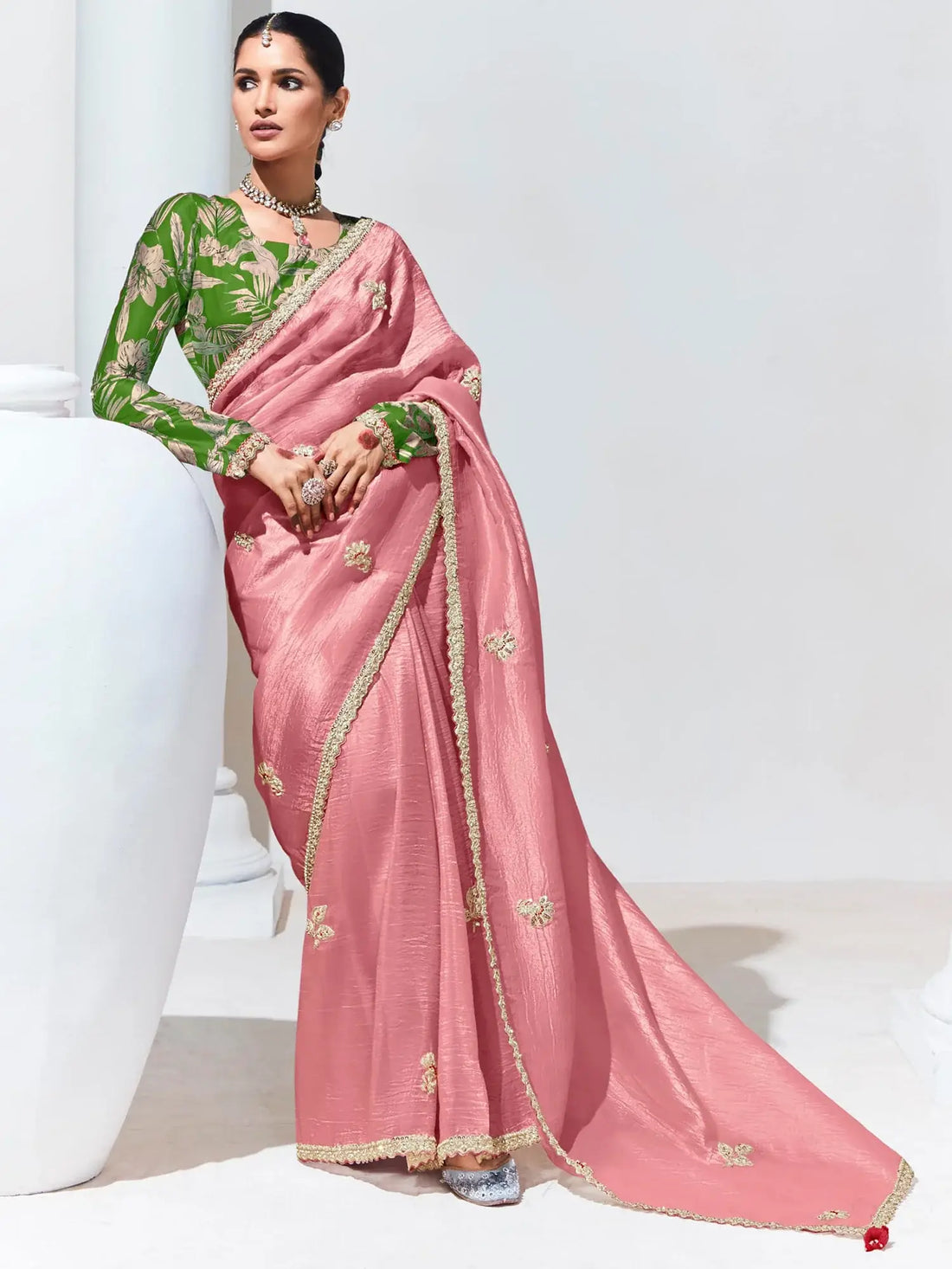 Adorable Peach Thread Work Organza Engagement Wear Saree - Zeel Clothing