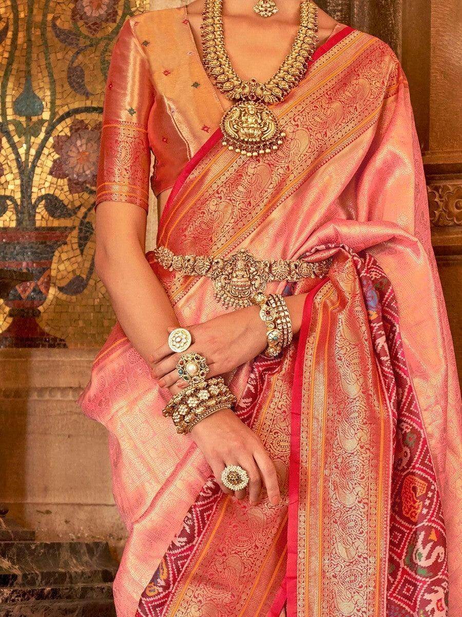 Adorable Peach Zari Weaving Silk Wedding Wear Saree With Blouse - Zeel Clothing