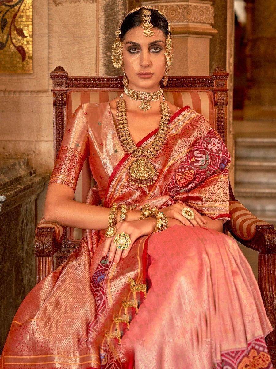 Adorable Peach Zari Weaving Silk Wedding Wear Saree With Blouse - Zeel Clothing