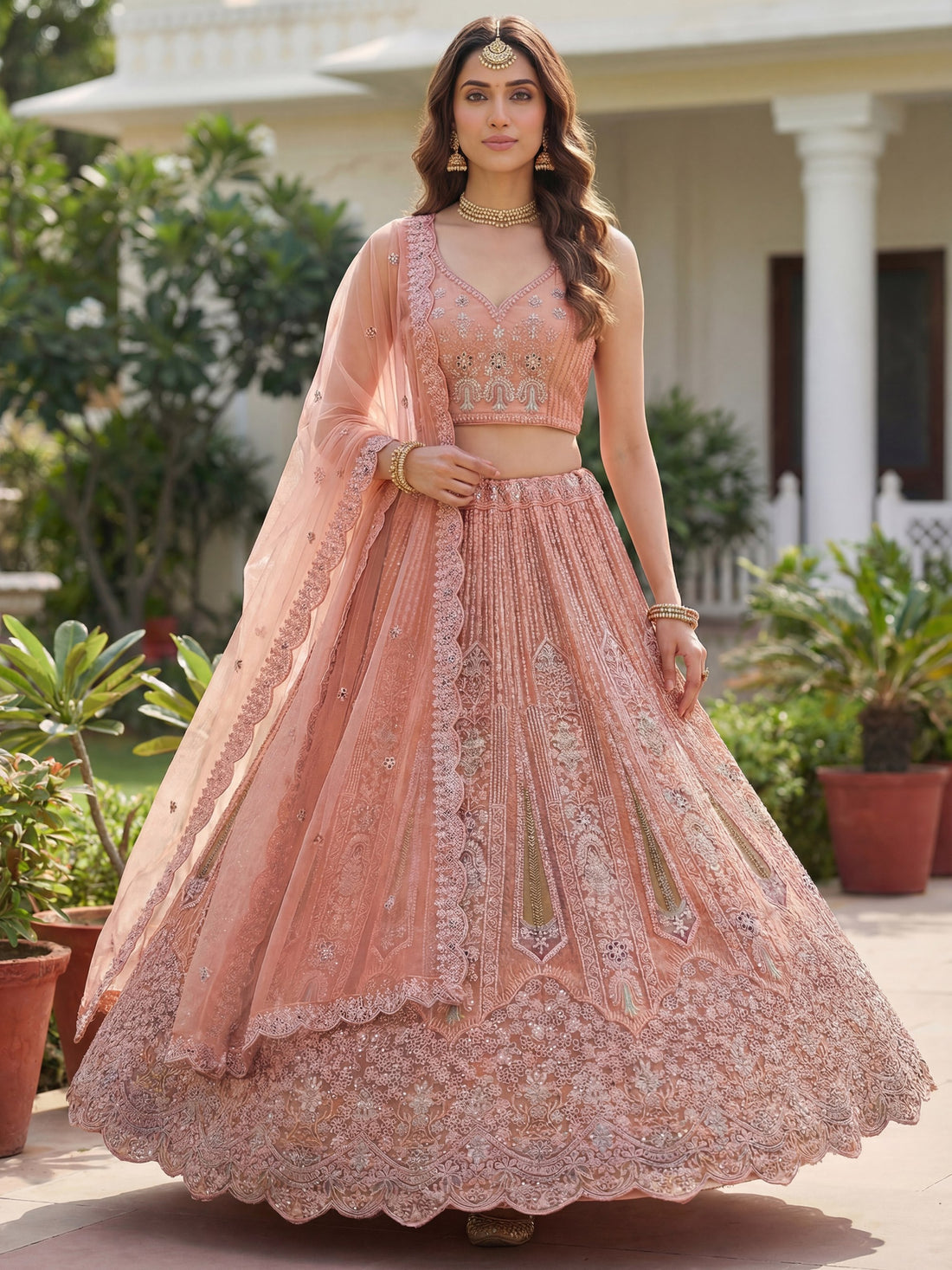 Adorable Peach Zircon Work Net Wedding Wear Lehenga Choli With Dupatta