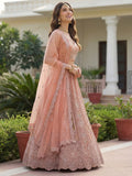 Adorable Peach Zircon Work Net Wedding Wear Lehenga Choli With Dupatta