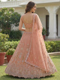 Adorable Peach Zircon Work Net Wedding Wear Lehenga Choli With Dupatta
