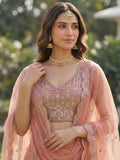 Adorable Peach Zircon Work Net Wedding Wear Lehenga Choli With Dupatta