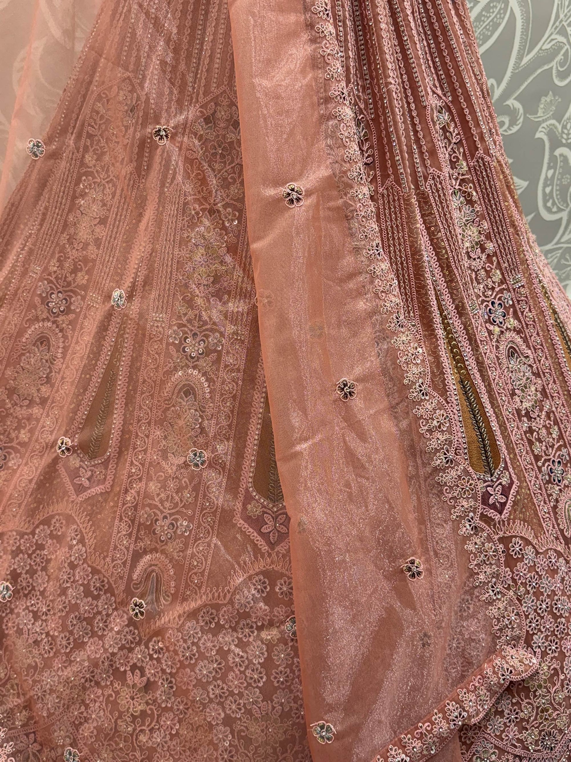Adorable Peach Zircon Work Net Wedding Wear Lehenga Choli With Dupatta