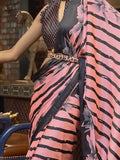 Adorable Pink & Black Printed Satin Party Wear Saree With Blouse - Zeel Clothing