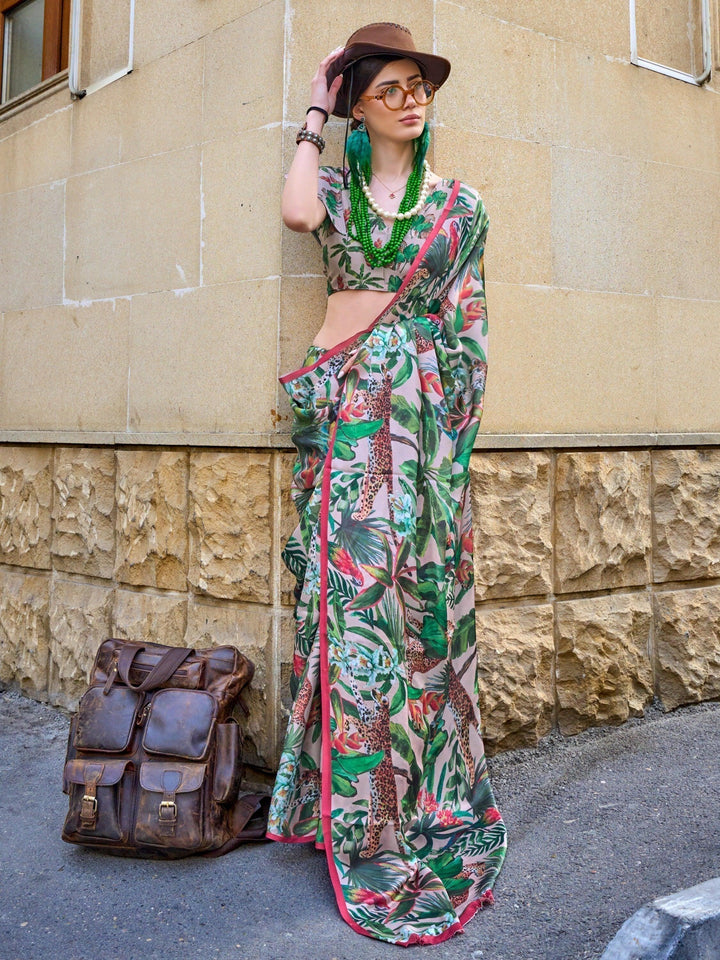 Adorable Pink And Green Digital Printed Satin Saree With Blouse