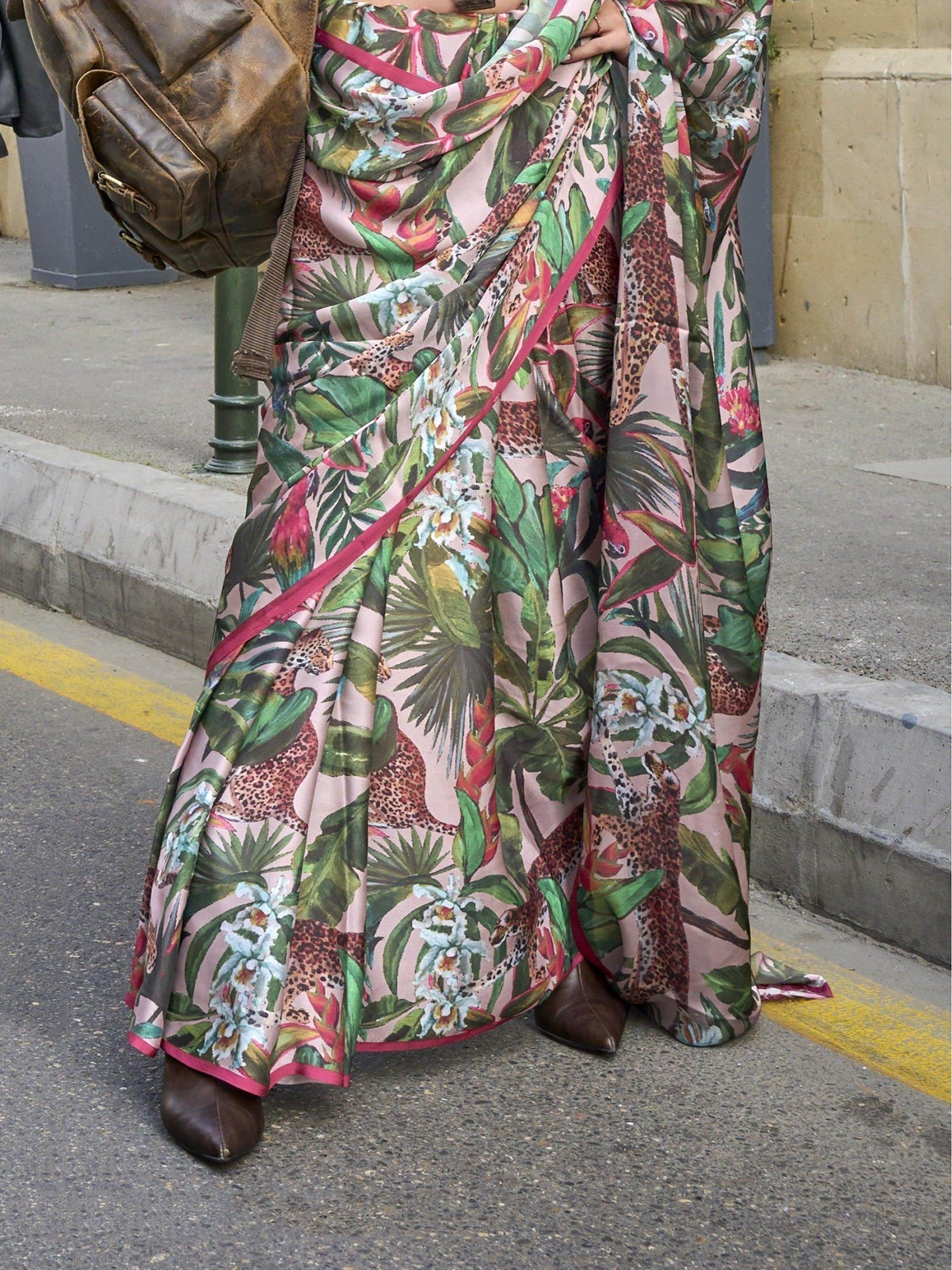 Adorable Pink And Green Digital Printed Satin Saree With Blouse - Zeel Clothing