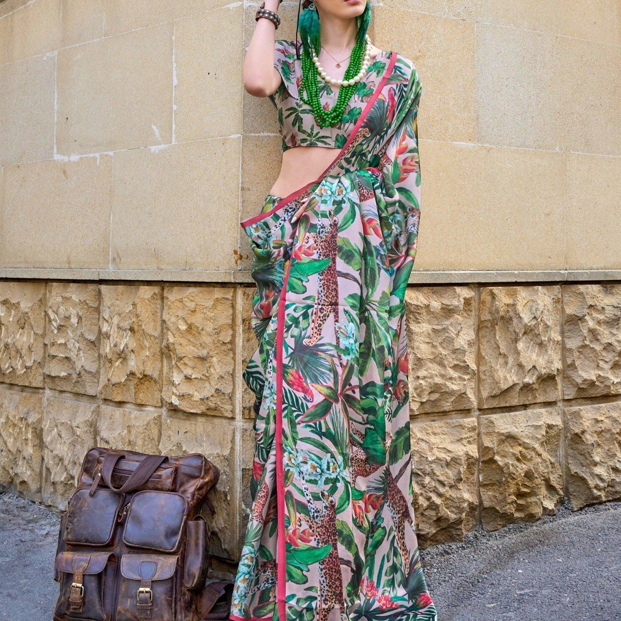 Adorable Pink And Green Digital Printed Satin Saree With Blouse - Zeel Clothing