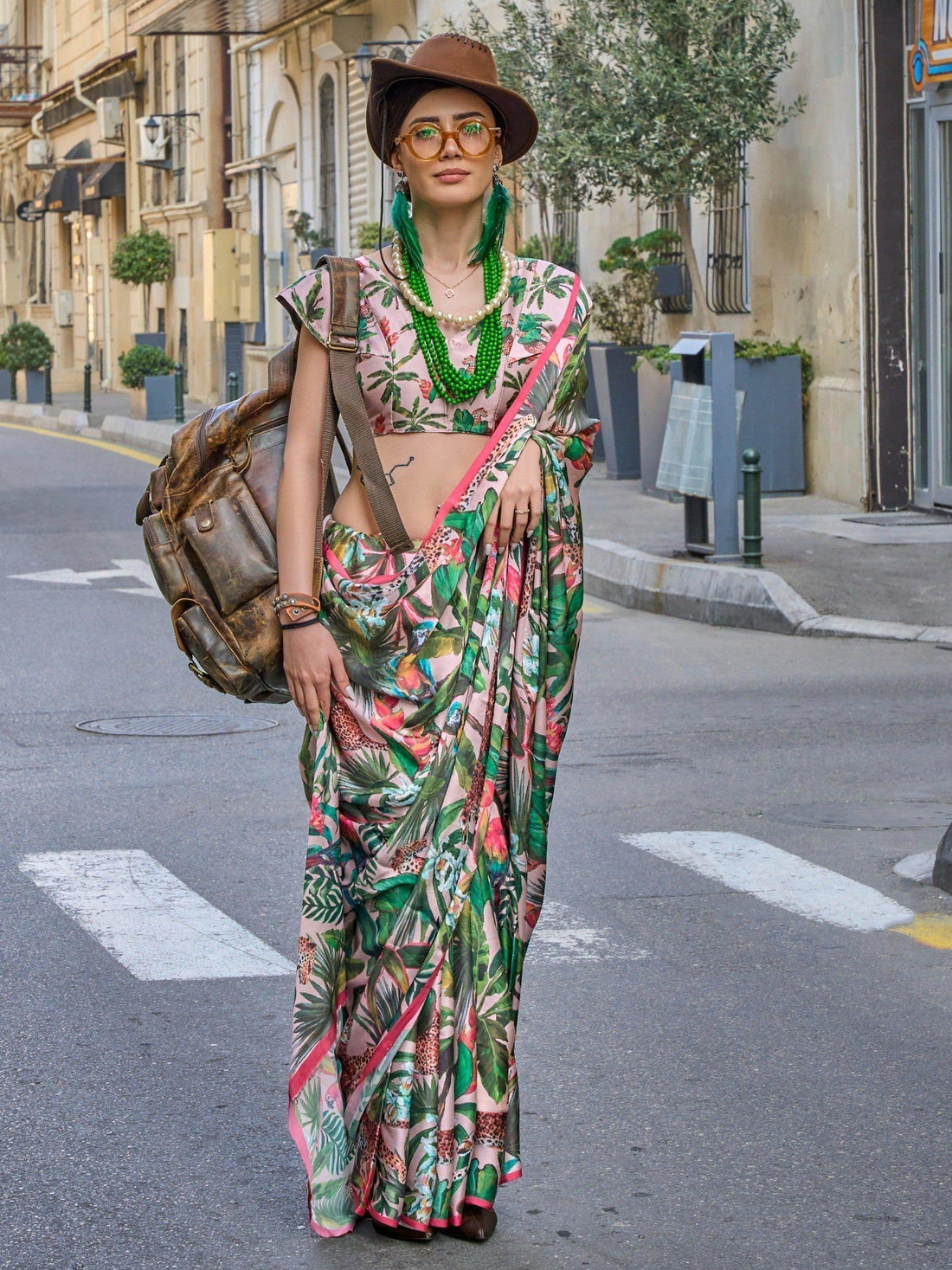 Adorable Pink And Green Digital Printed Satin Saree With Blouse - Zeel Clothing