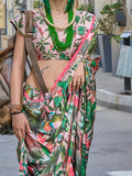 Adorable Pink And Green Digital Printed Satin Saree With Blouse - Zeel Clothing