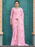 Adorable Pink Embroidered Cotton Festival Wear Saree With Blouse - Zeel Clothing