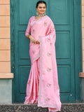 Adorable Pink Embroidered Cotton Festival Wear Saree With Blouse - Zeel Clothing