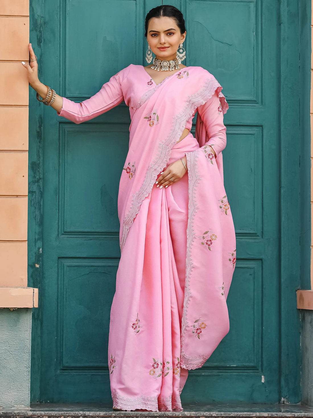 Adorable Pink Embroidered Cotton Festival Wear Saree With Blouse - Zeel Clothing