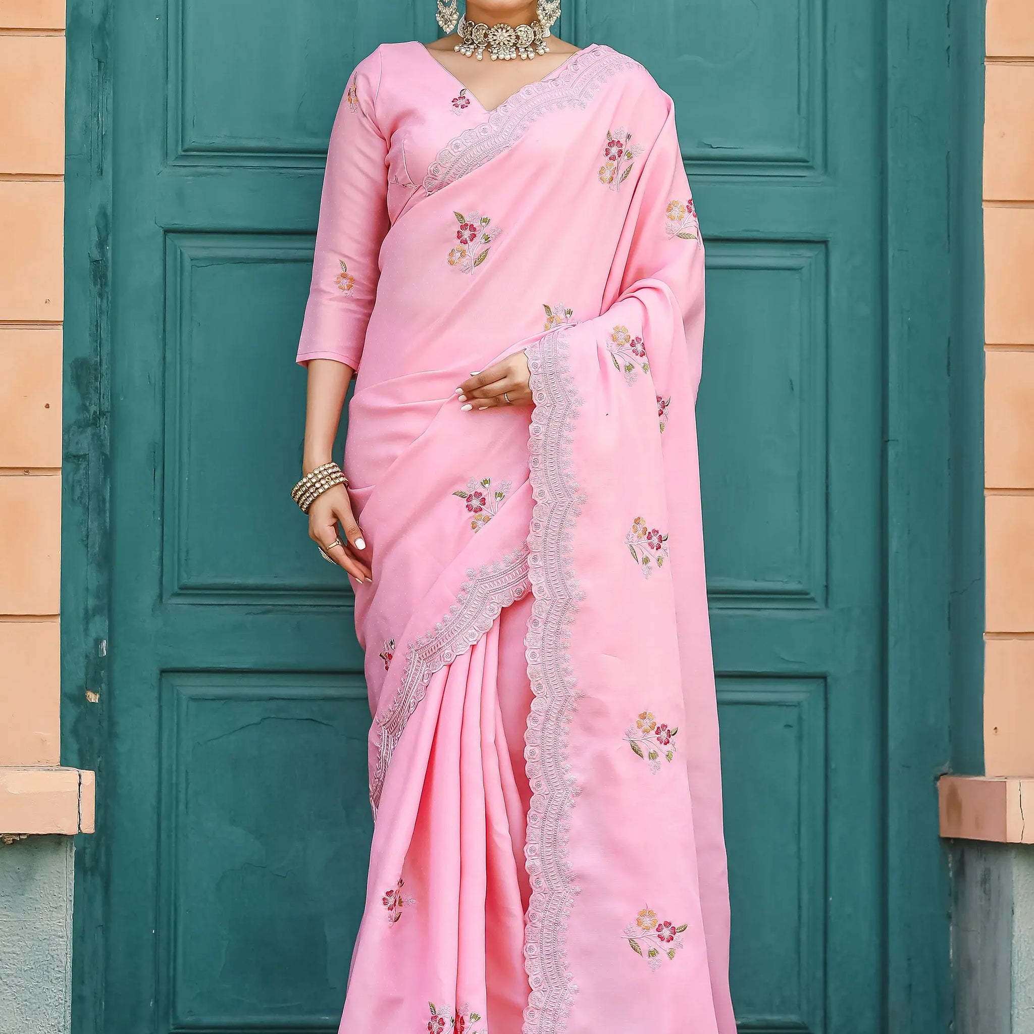 Adorable Pink Embroidered Cotton Festival Wear Saree With Blouse - Zeel Clothing