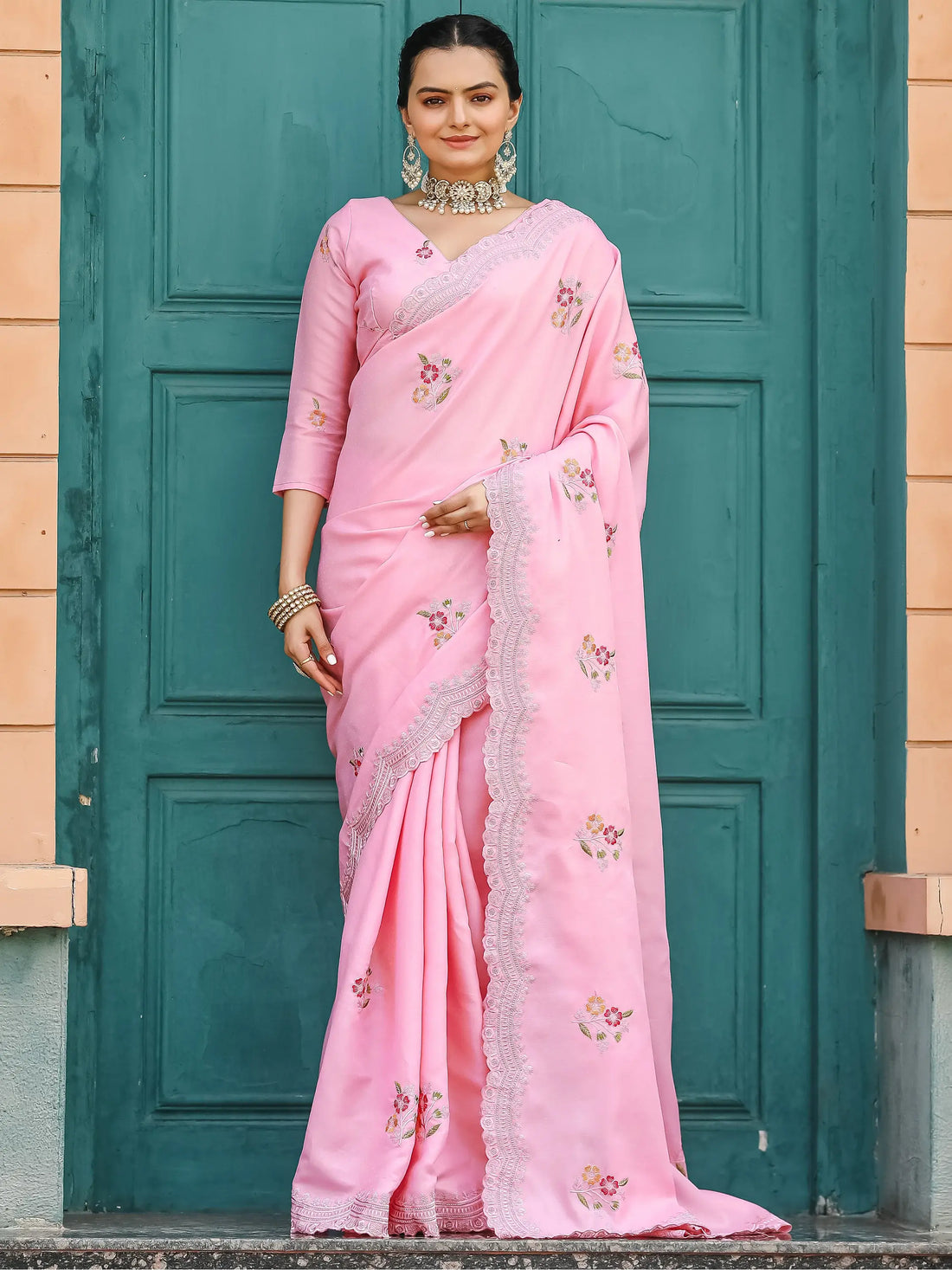 Adorable Pink Embroidered Cotton Festival Wear Saree With Blouse - Zeel Clothing