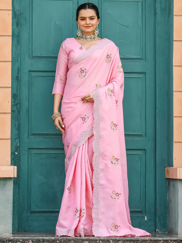 Adorable Pink Embroidered Cotton Festival Wear Saree With Blouse - Zeel Clothing