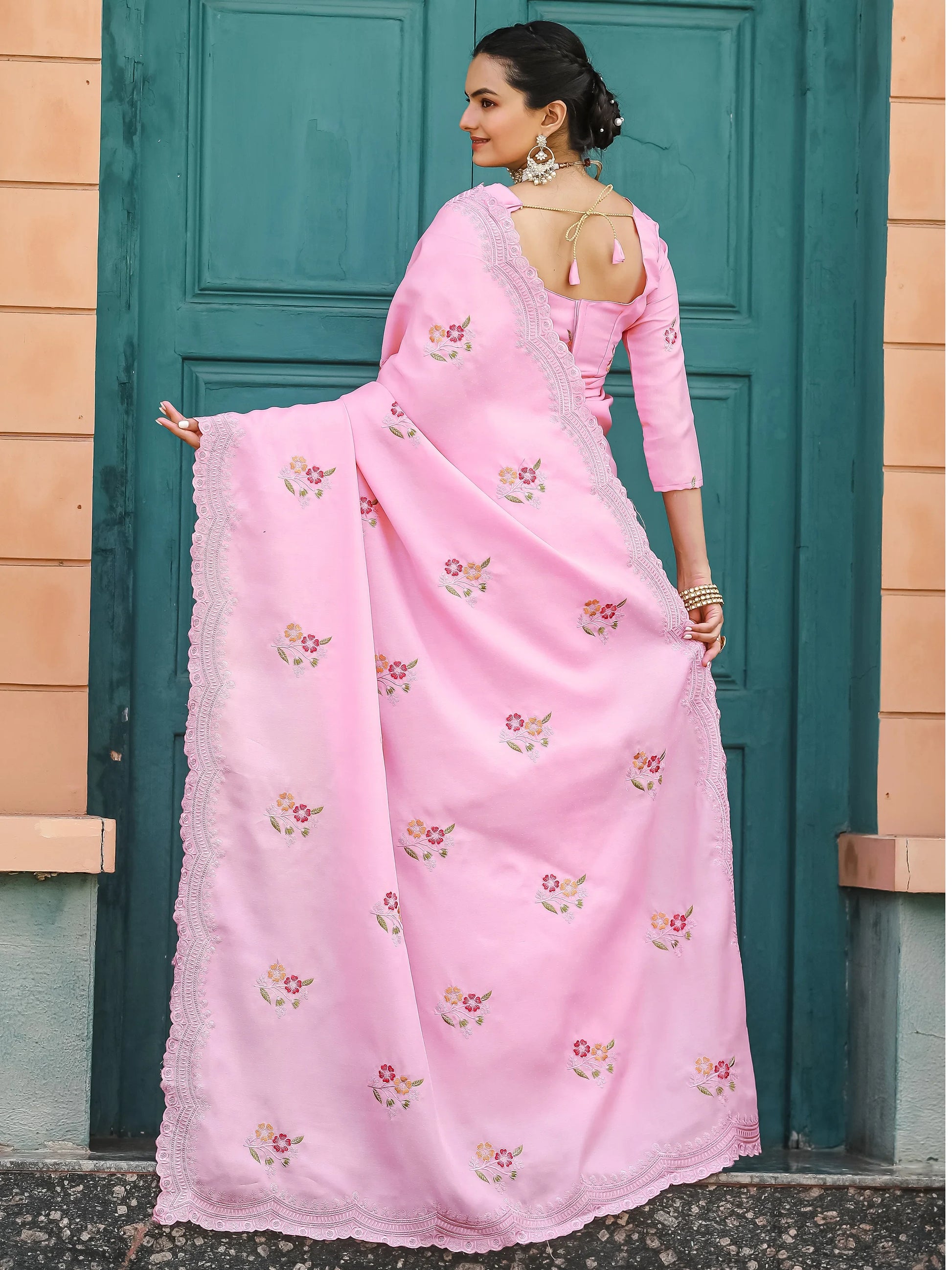 Adorable Pink Embroidered Cotton Festival Wear Saree With Blouse - Zeel Clothing