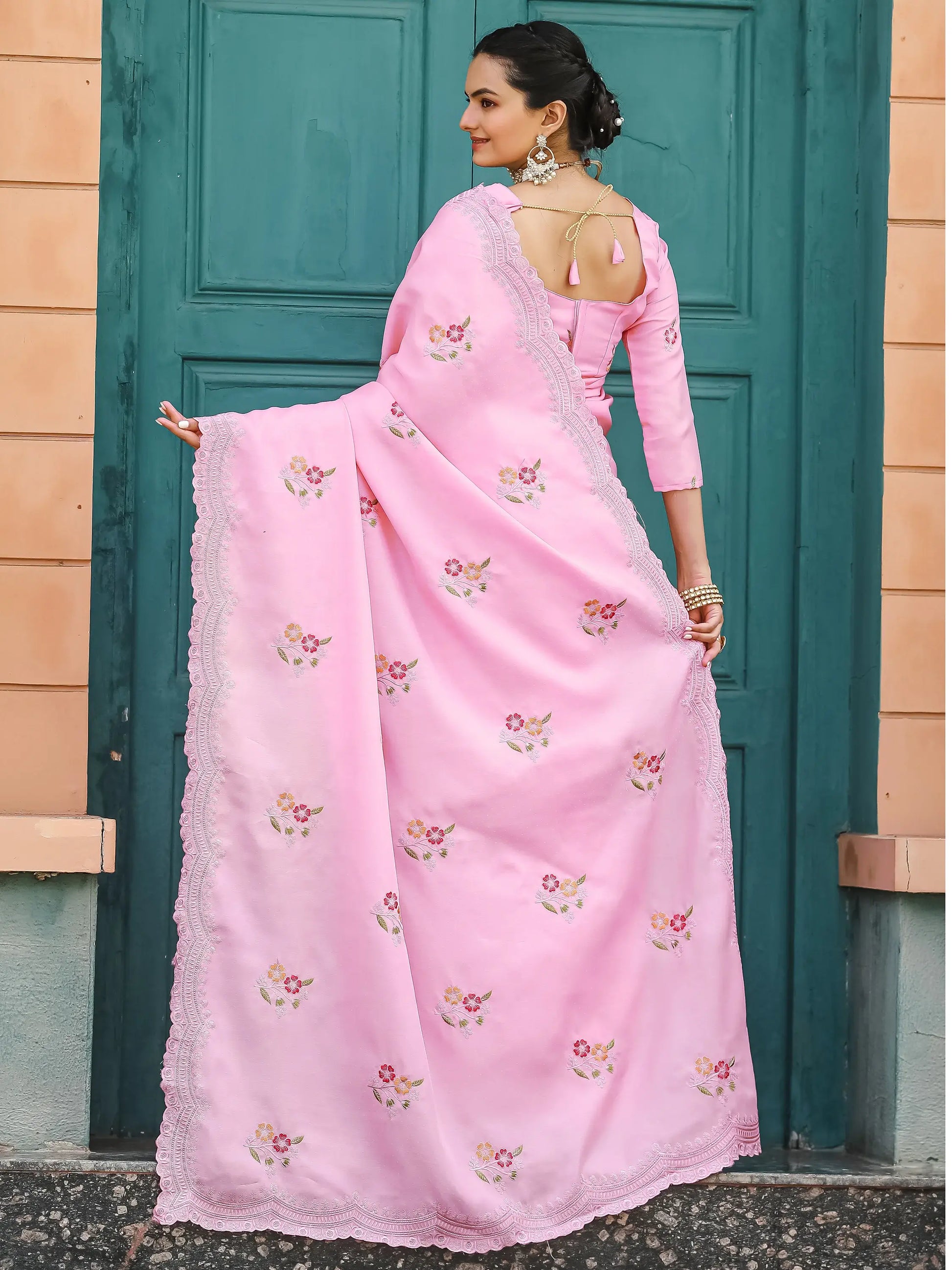 Adorable Pink Embroidered Cotton Festival Wear Saree With Blouse - Zeel Clothing