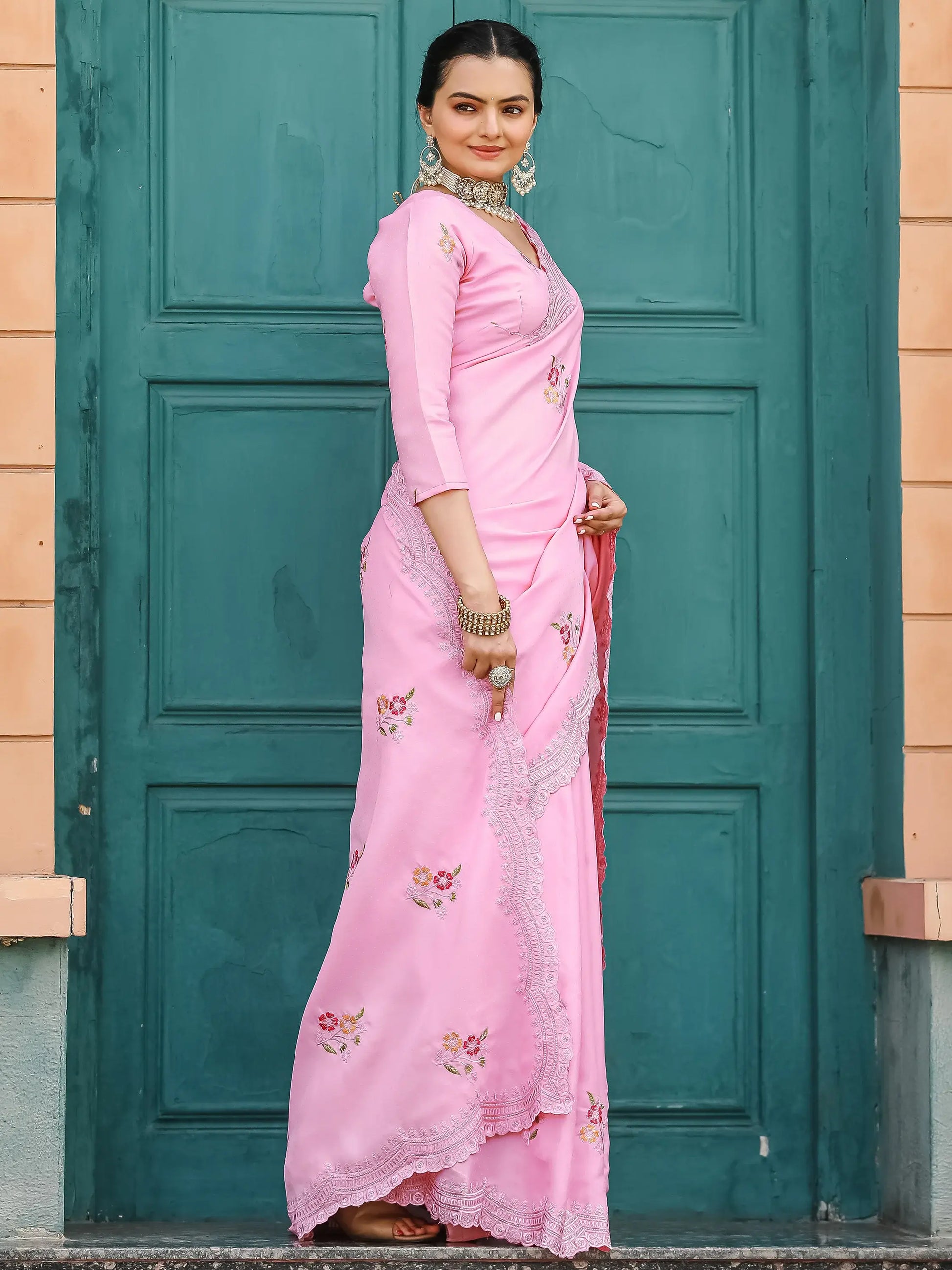 Adorable Pink Embroidered Cotton Festival Wear Saree With Blouse - Zeel Clothing