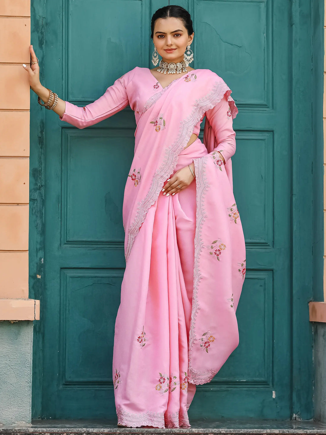Adorable Pink Embroidered Cotton Festival Wear Saree With Blouse - Zeel Clothing