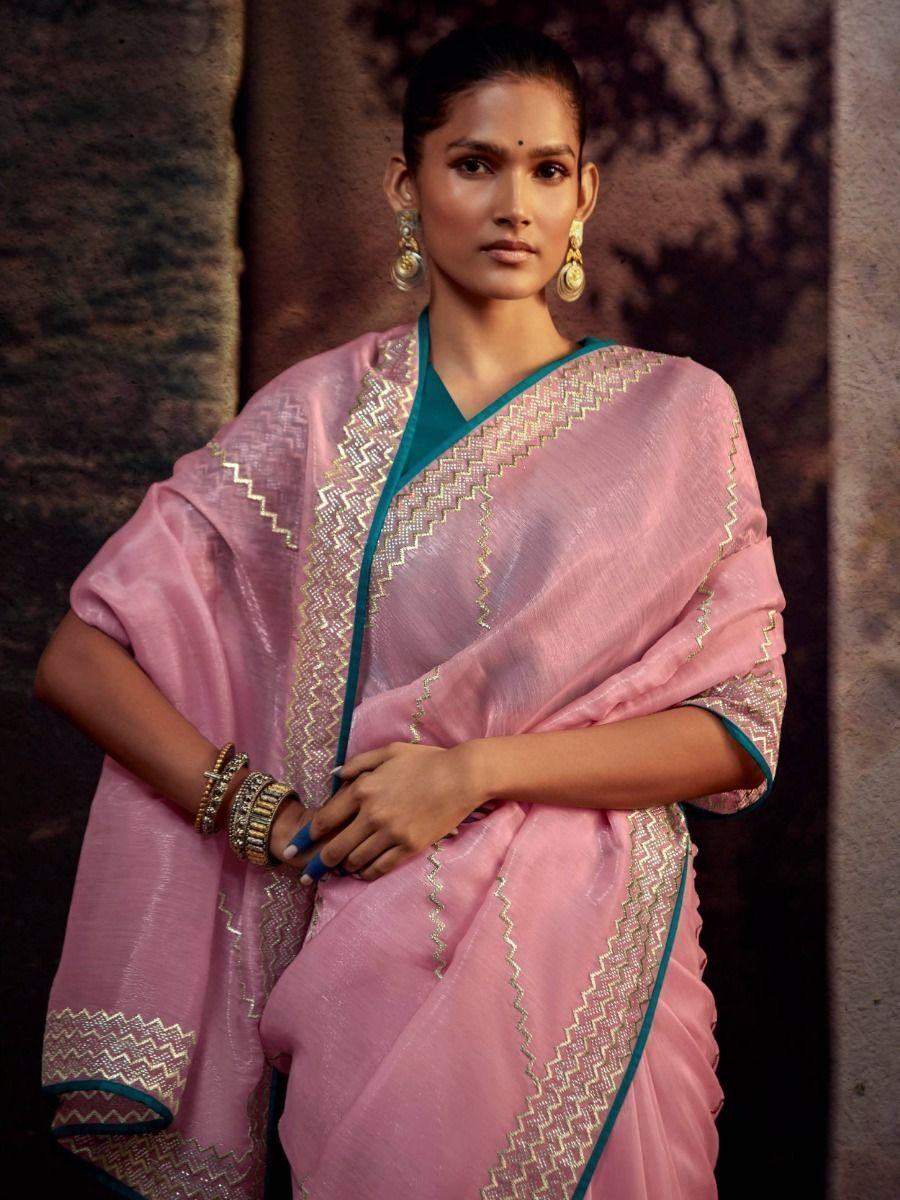 Adorable Pink Fancy Zari Work Silk Reception Wear Saree With Blouse