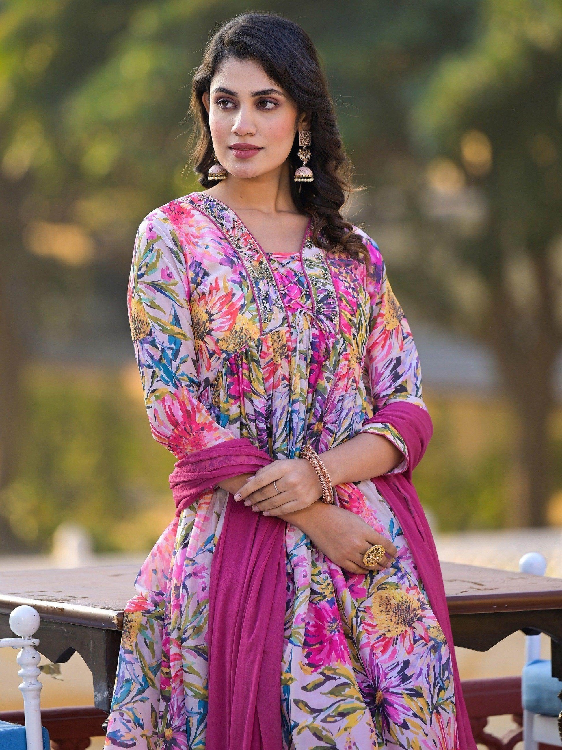 Adorable Pink Floral Printed Georgette Pant Suit With Dupatta - Zeel Clothing
