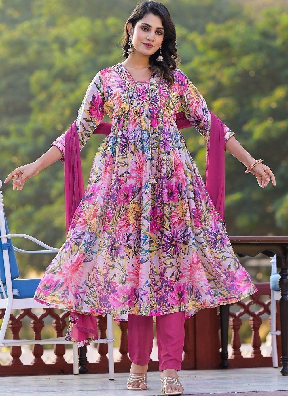 Adorable Pink Floral Printed Georgette Pant Suit With Dupatta - Zeel Clothing