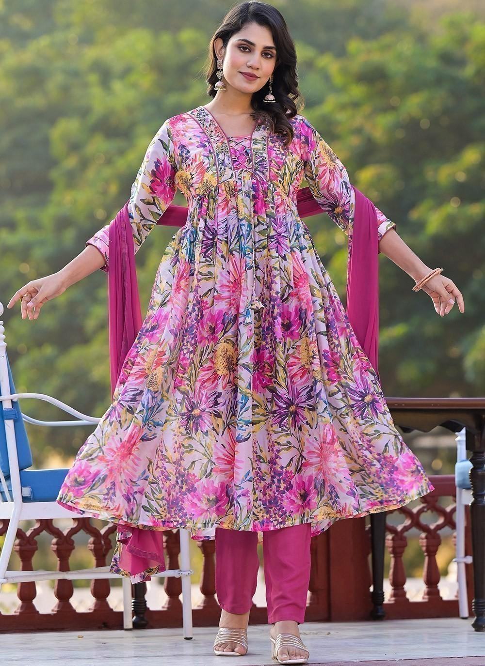 Adorable Pink Floral Printed Georgette Pant Suit With Dupatta