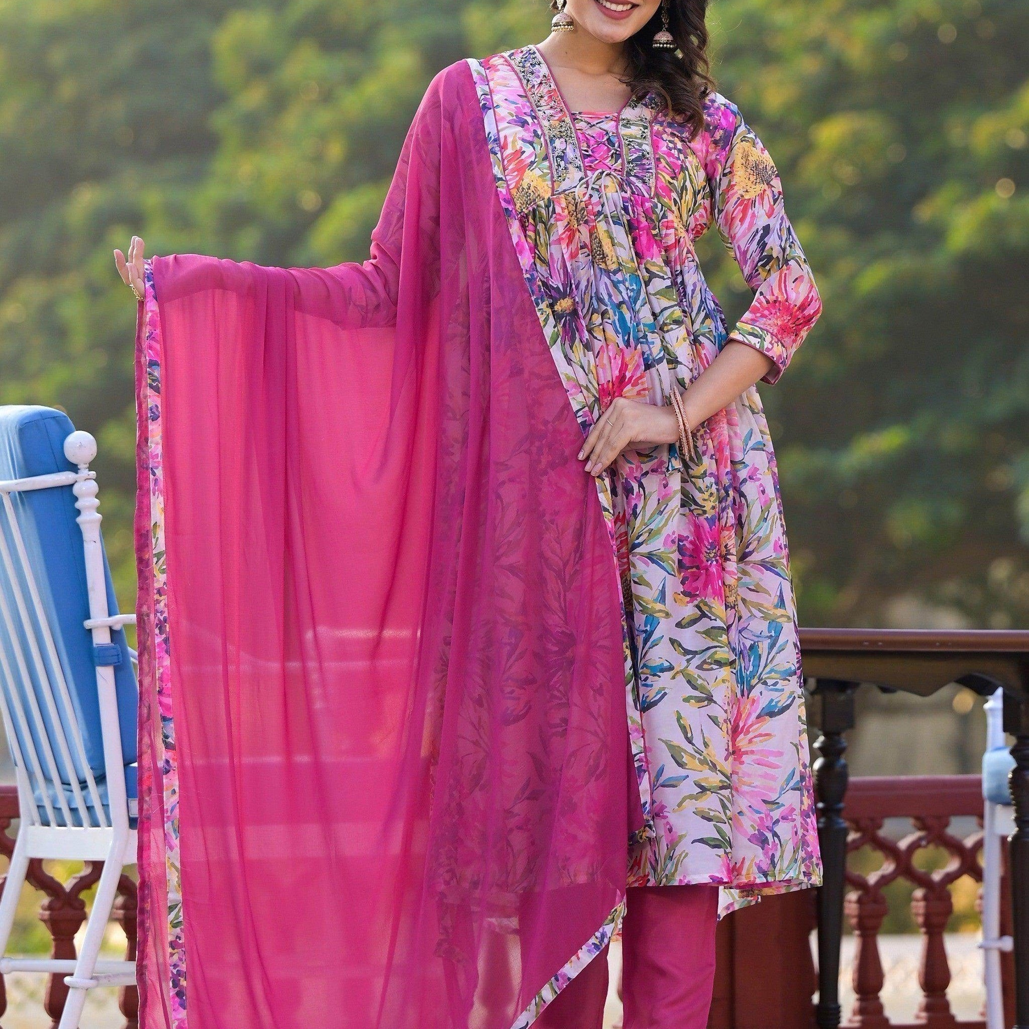 Adorable Pink Floral Printed Georgette Pant Suit With Dupatta - Zeel Clothing