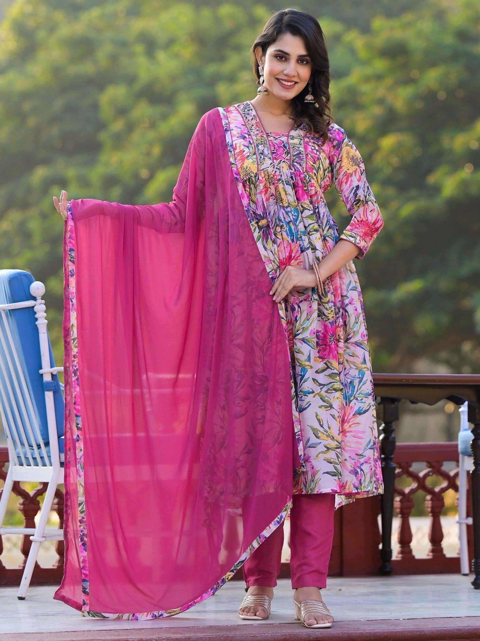 Adorable Pink Floral Printed Georgette Pant Suit With Dupatta - Zeel Clothing