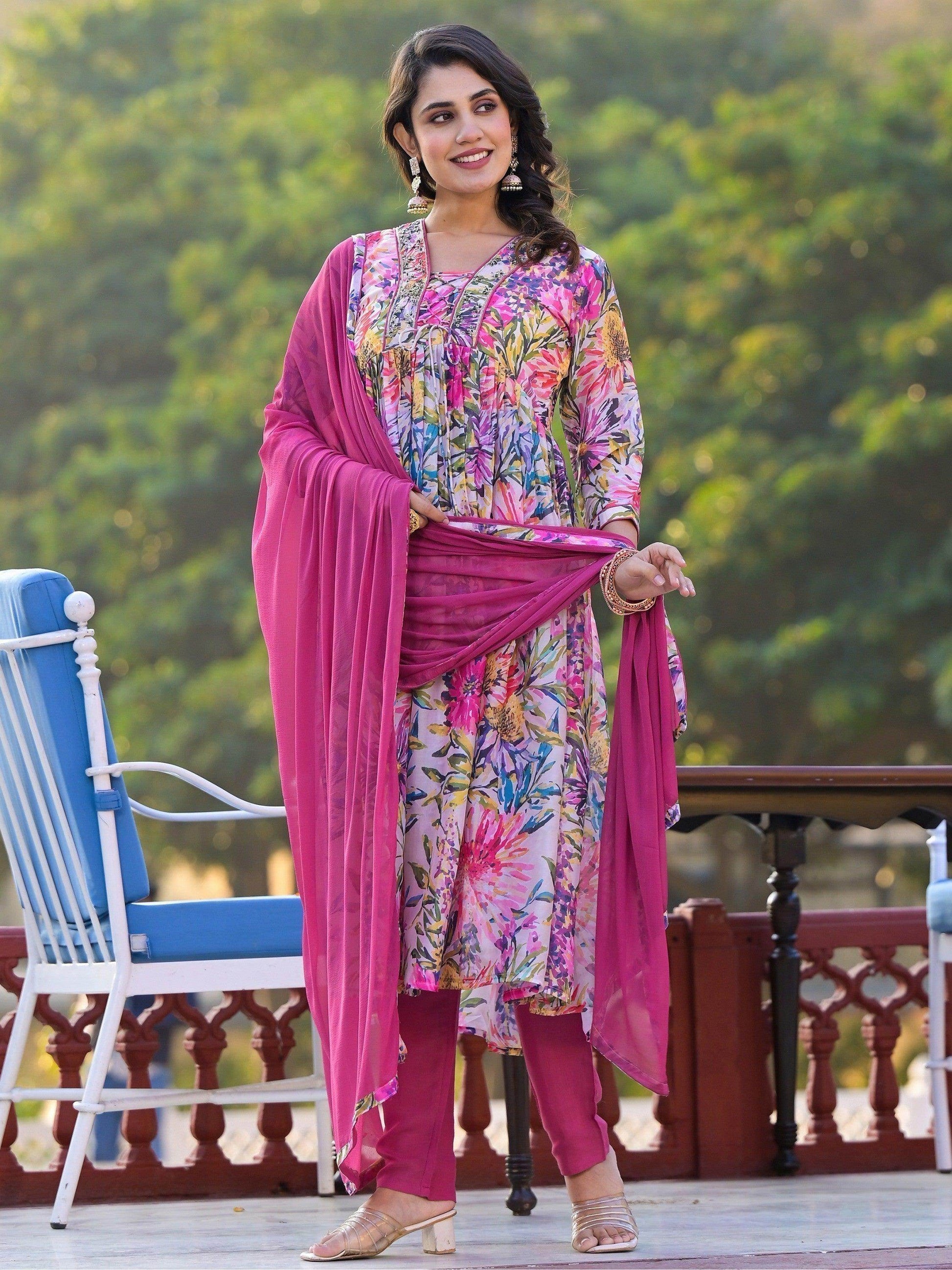 Adorable Pink Floral Printed Georgette Pant Suit With Dupatta - Zeel Clothing