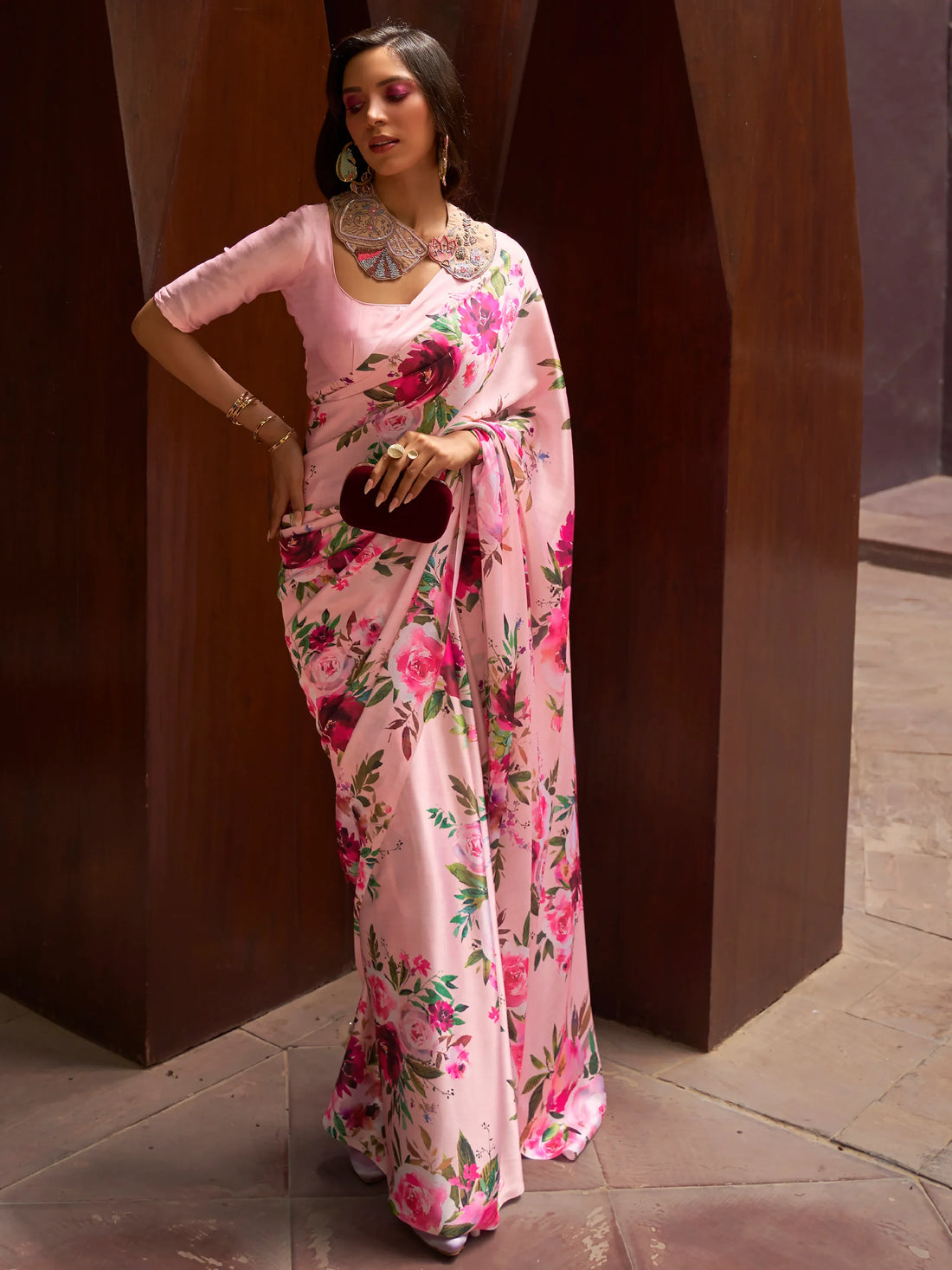 Adorable Pink Floral Printed Satin Events Wear Saree With Blouse - Zeel Clothing