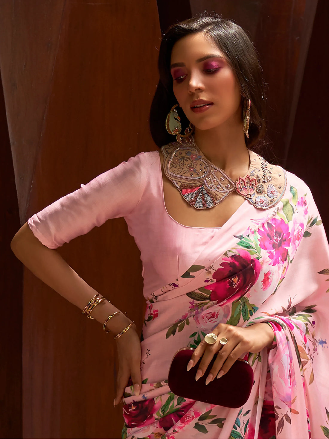 Adorable Pink Floral Printed Satin Events Wear Saree With Blouse - Zeel Clothing
