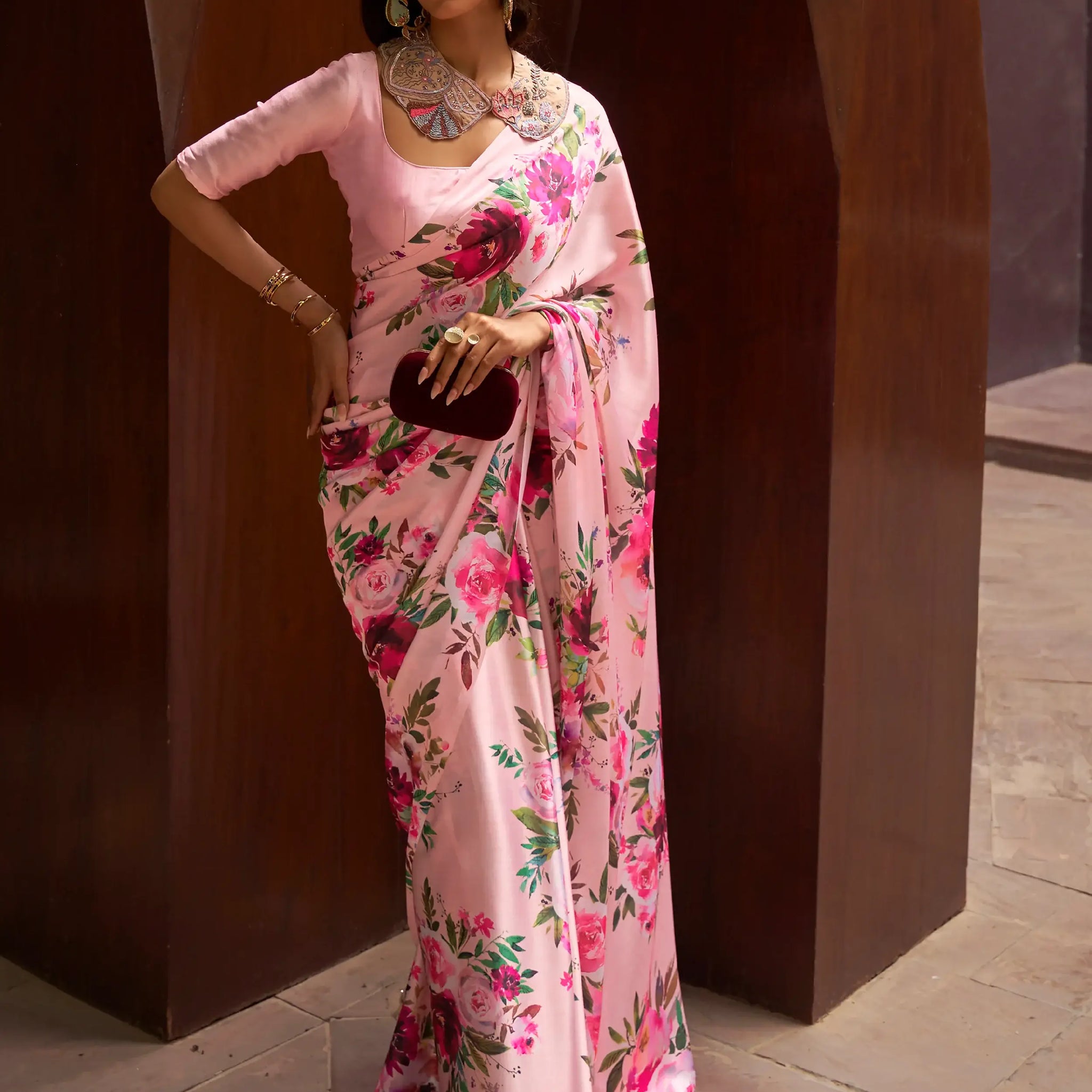 Adorable Pink Floral Printed Satin Events Wear Saree With Blouse - Zeel Clothing