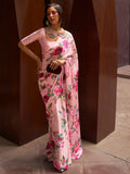 Adorable Pink Floral Printed Satin Events Wear Saree With Blouse - Zeel Clothing