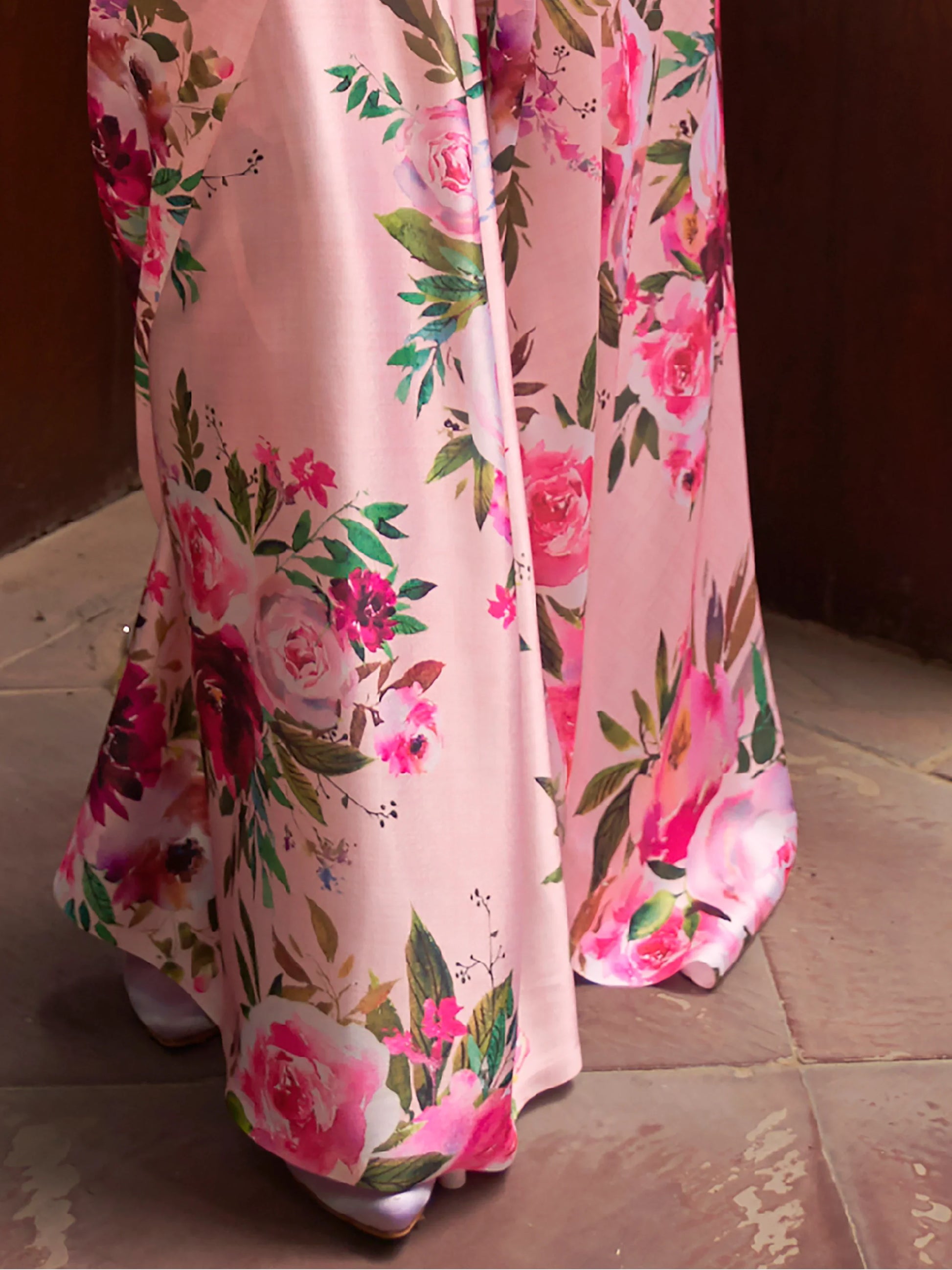Adorable Pink Floral Printed Satin Events Wear Saree With Blouse - Zeel Clothing