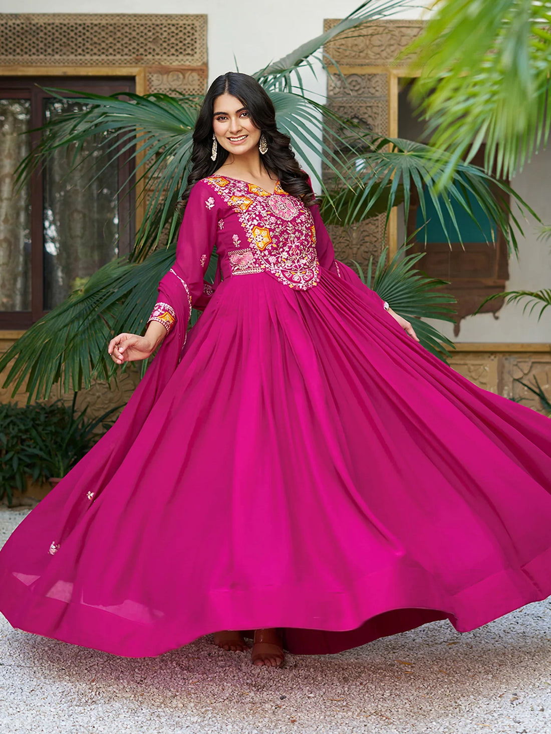 Adorable Pink Georgette Thread Sequins Festival Wear Gown With Dupatta - Zeel Clothing