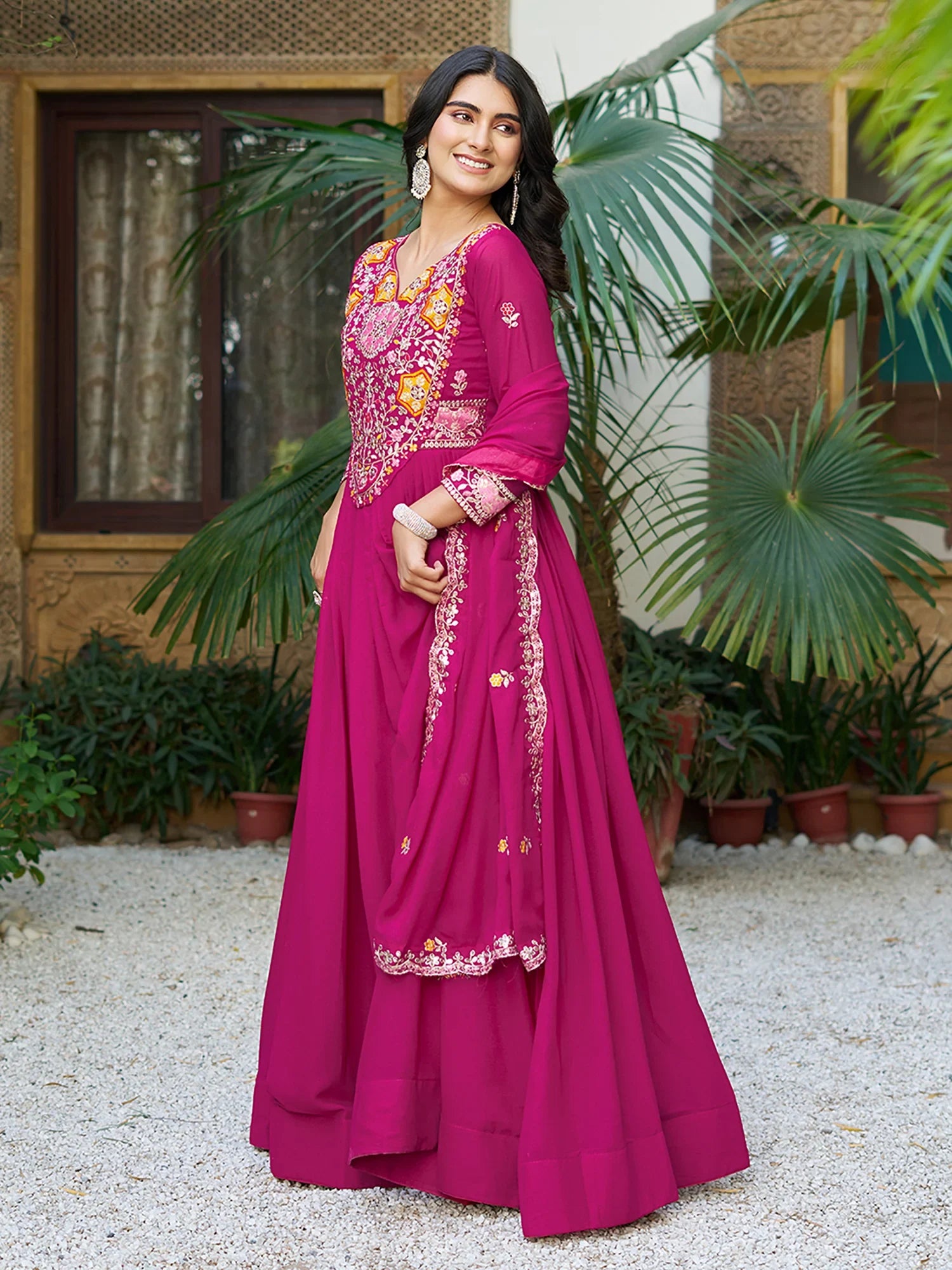Adorable Pink Georgette Thread Sequins Festival Wear Gown With Dupatta - Zeel Clothing