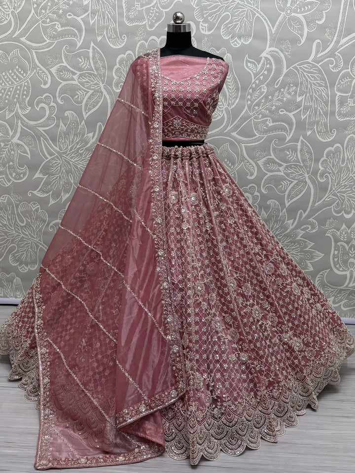 Adorable Pink Hand Work Net Bridal Wear Lehenga Choli With Dupatta - Zeel Clothing