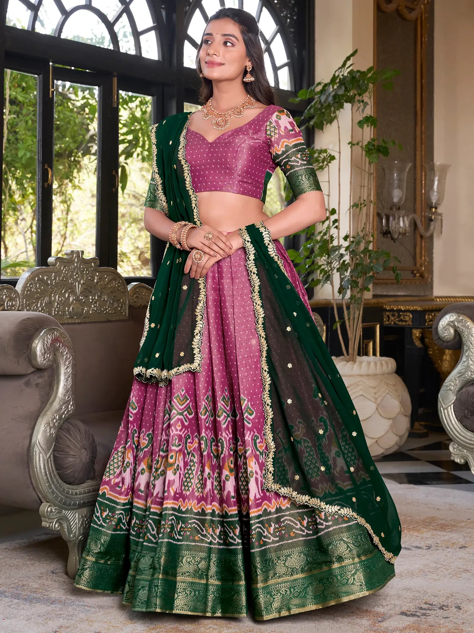 Adorable Pink Printed Kanchipuram Festival Wear Lehenga Choli - Zeel Clothing