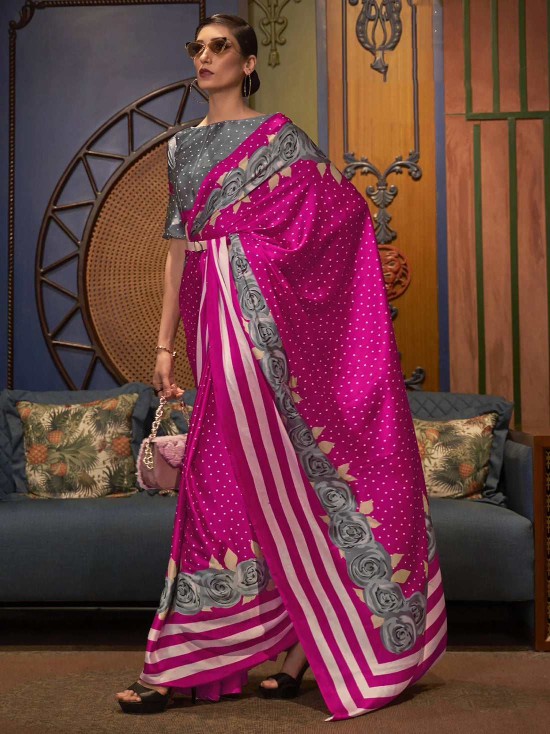 Adorable Pink Printed Satin Festival Wear Saree With Blouse - Zeel Clothing