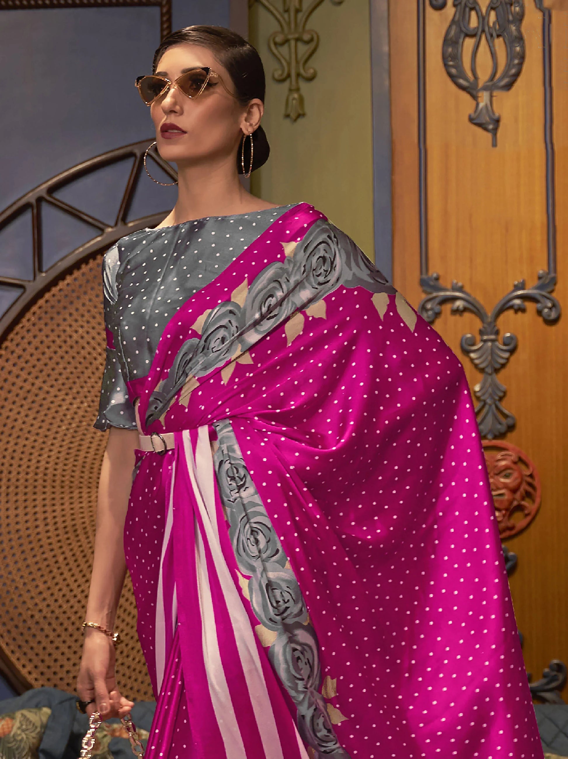 Adorable Pink Printed Satin Festival Wear Saree With Blouse - Zeel Clothing