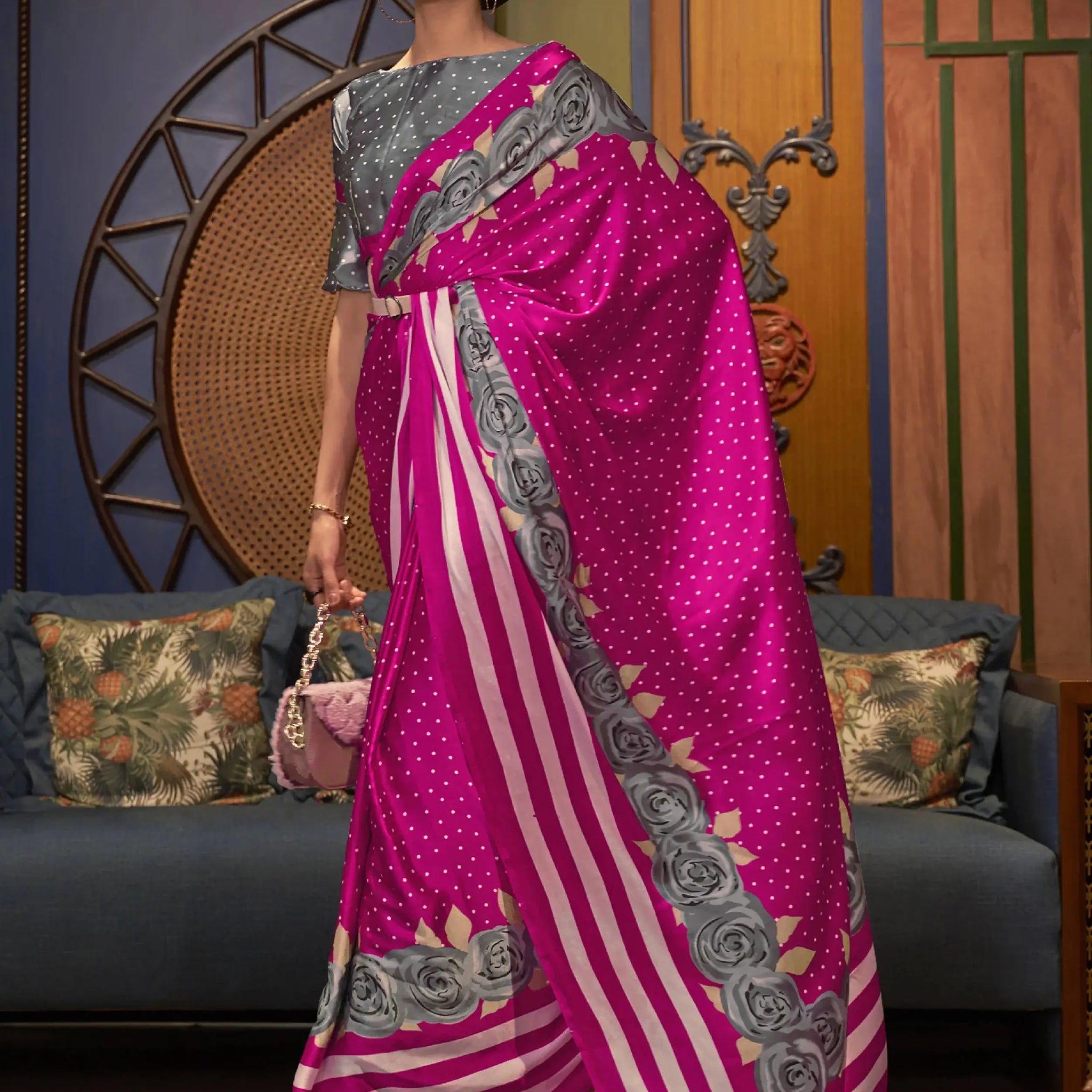 Adorable Pink Printed Satin Festival Wear Saree With Blouse - Zeel Clothing