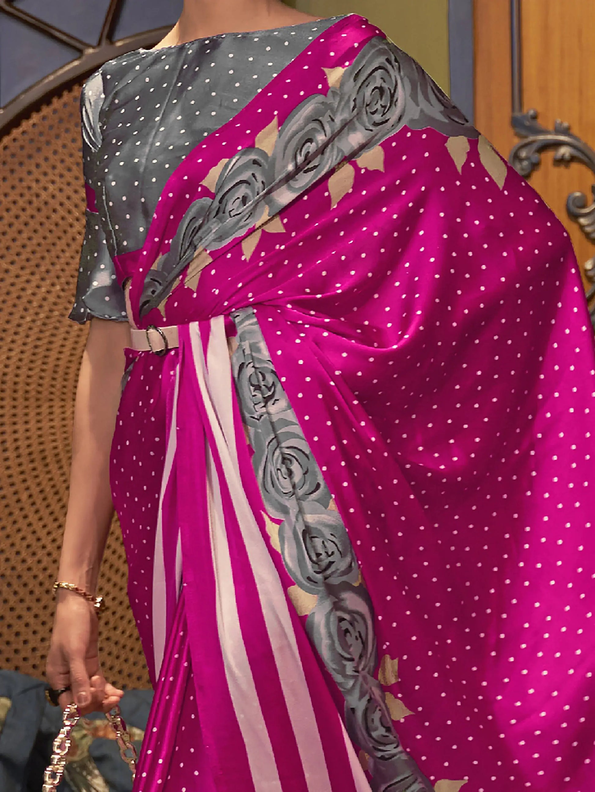 Adorable Pink Printed Satin Festival Wear Saree With Blouse - Zeel Clothing