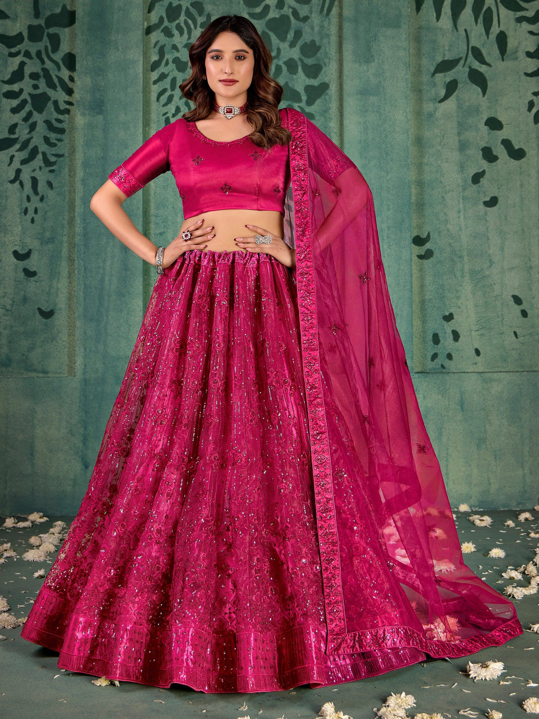 Adorable Pink Sequins Net Bridal Lehenga Choli With Dupatta - Zeel Clothing