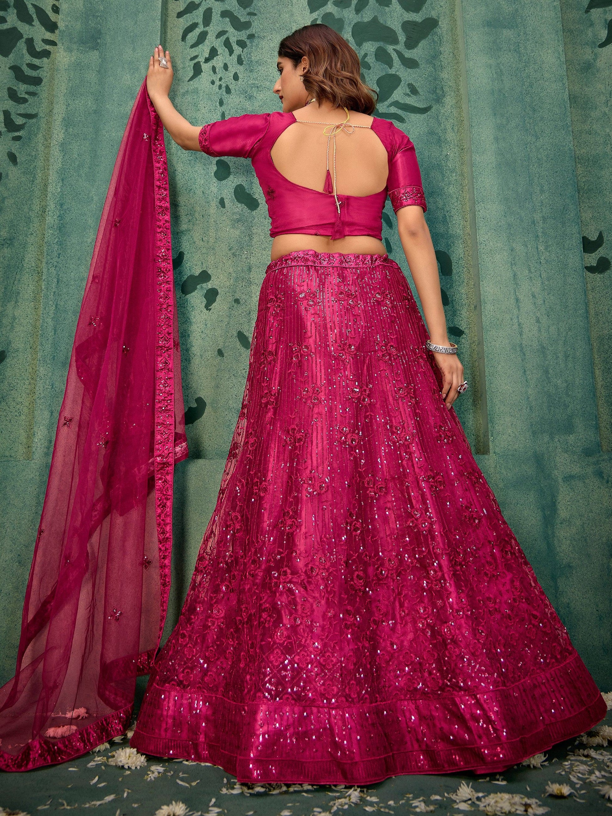 Adorable Pink Sequins Net Bridal Lehenga Choli With Dupatta - Zeel Clothing