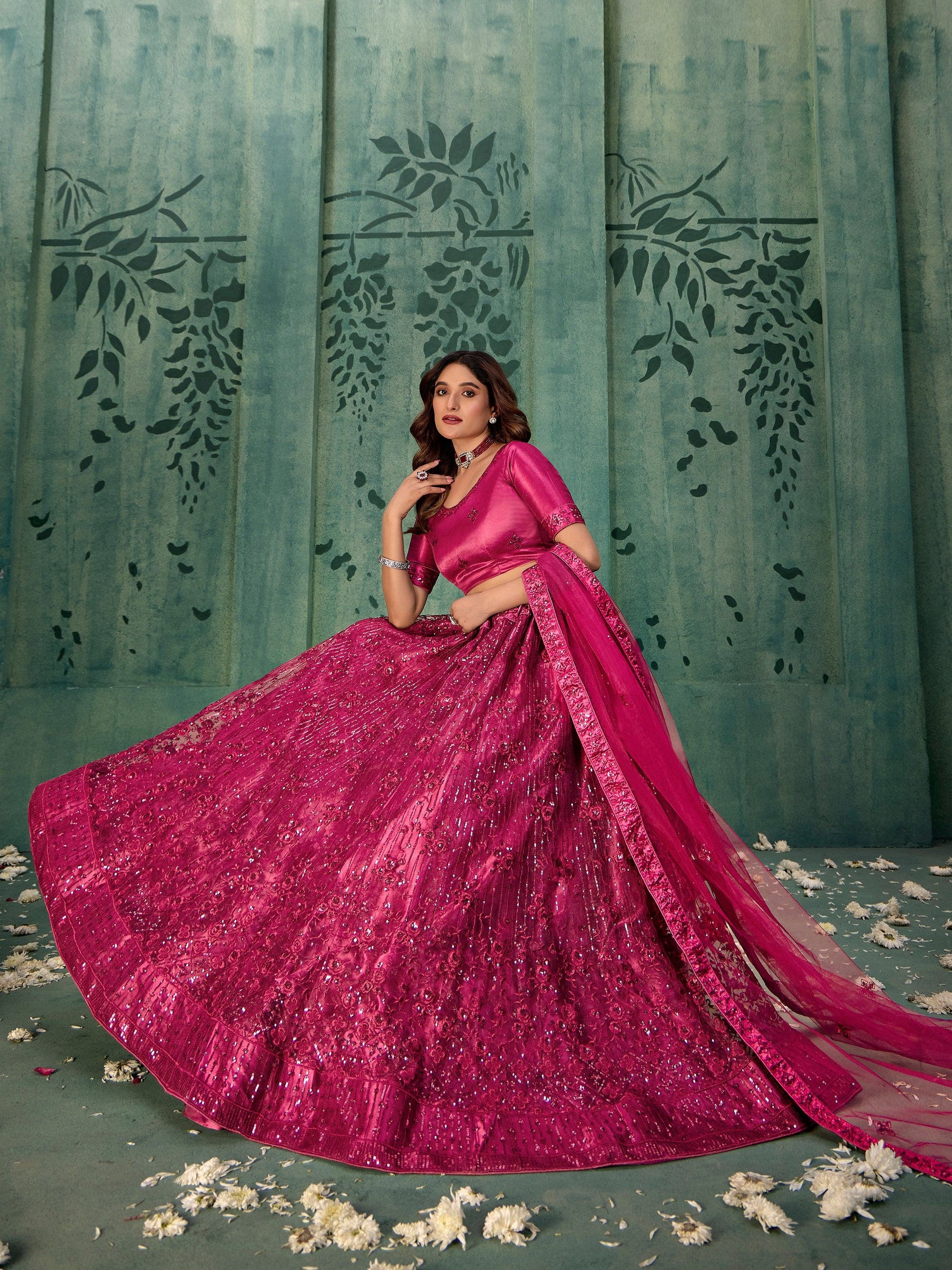 Adorable Pink Sequins Net Bridal Lehenga Choli With Dupatta - Zeel Clothing