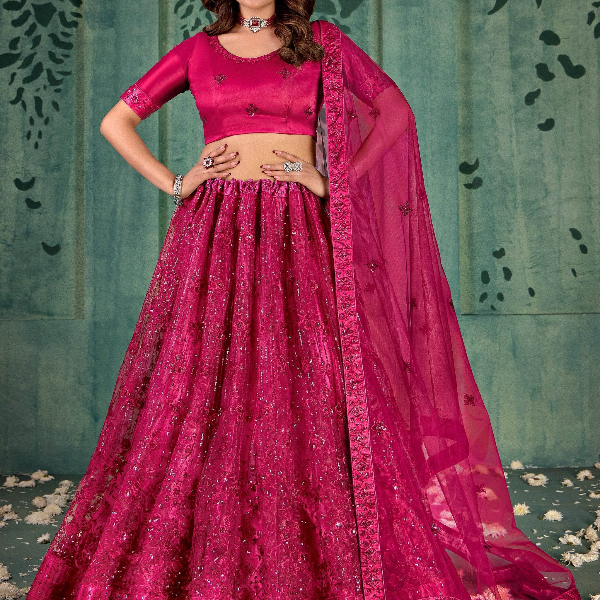 Adorable Pink Sequins Net Bridal Lehenga Choli With Dupatta - Zeel Clothing