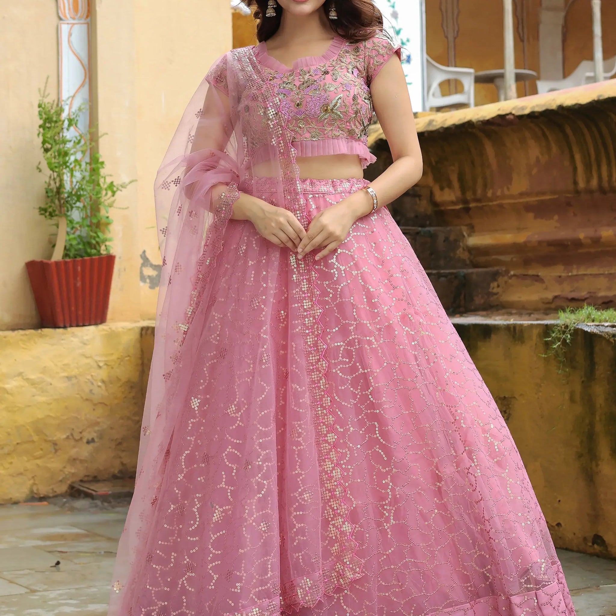 Adorable Pink Sequins Net Engagement Wear Lehenga Choli With Dupatta - Zeel Clothing