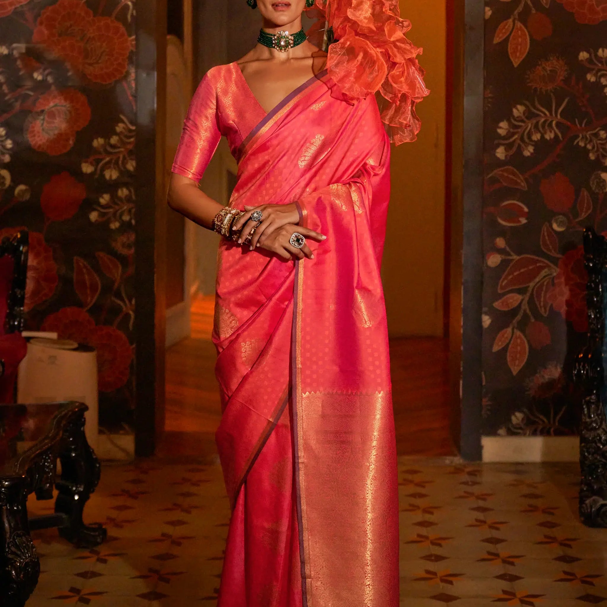 Adorable Pink Zari Weaving Silk Event Wear Saree With Blouse - Zeel Clothing